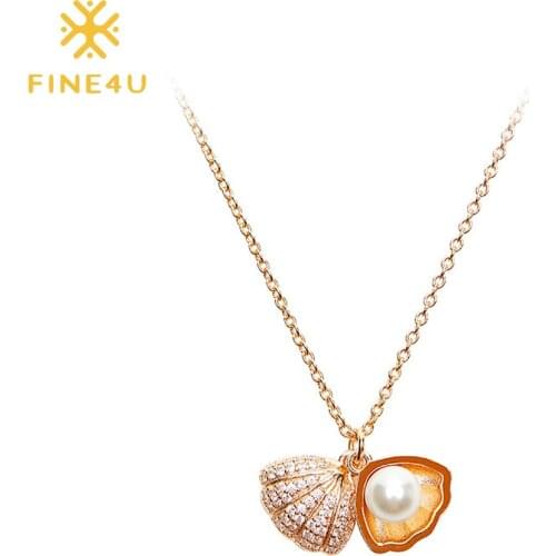 FINE4U N809 Sea Shell and Freshwater Pearl Mermaid Valentine Necklace Dainty Cubic Zirconia Party Jewelry