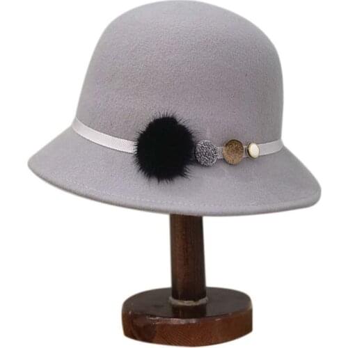 Winter Black Hats For Women Fedora Large Brim Wool Hat Felt Cloche Hat Ladies Wide Vintage Church Hairball Round Top Hats