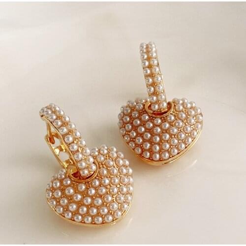 Vintage Women Stud Earring Korean Fashion Full Pearl Heart Pendant For Charm Lady Aesthetic Gift Retro Aretes Luxury Jewelry