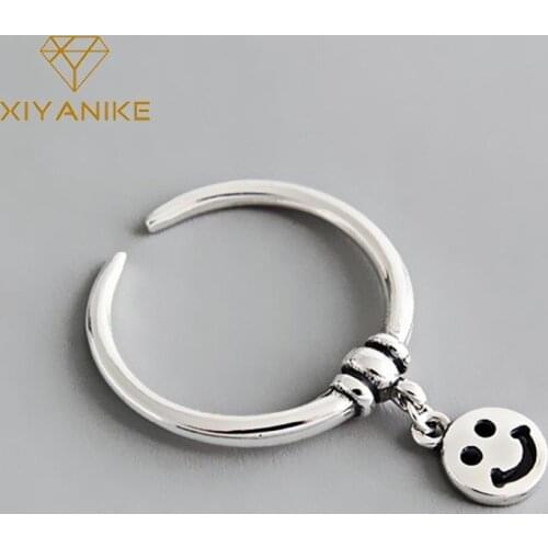 XIYANIKE 925 Sterling Silver Vintage Wedding Ring Trendy Smiling Face Pendant Handmade Jewelry for Women Size 16mm Adjustable