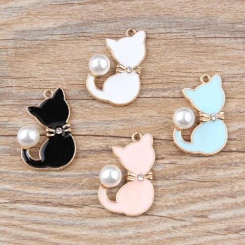 Pearl Cat Pendant Enamel Delicate Animal Women Charms DIY Accessories Jewelry Making For Handmade Necklace 50pcs/lot