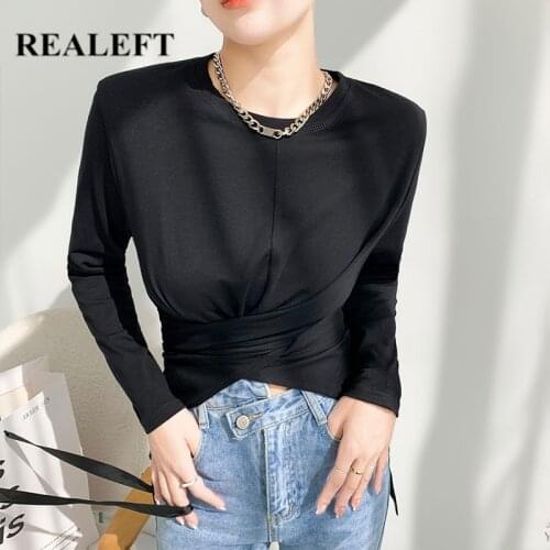 REALEFT 2021 New Autumn Irregular Womens Long T-Shirts Chic Front Cross O-Neck Long Sleeve Female Casual Shirts Elegant Tops