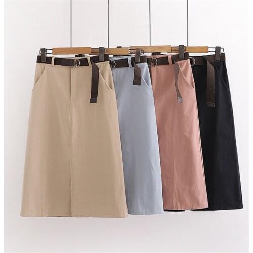 With Belt 2021 Sping Summer Women Casual Skirt Solid Split Elegant High Waist Skirts Women Office Cotton Midi Skirts Saia Femme