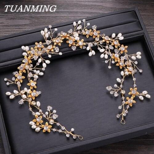Golden Flower Women Headbands Bridal Hair Accessories Tiaras Pearl Hairband Head Ornaments Rhinestone Headress