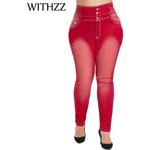 WITHZZ Womens Plus Size Fashion Buckle High Waist Denim Trousers Pencil Pants Jeans