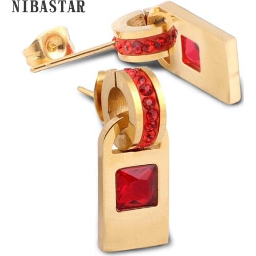 New Arrival Gold-Color Stainless Steel Earring And Pave Red Cubic Zirconia Red Crystal Earring For Women