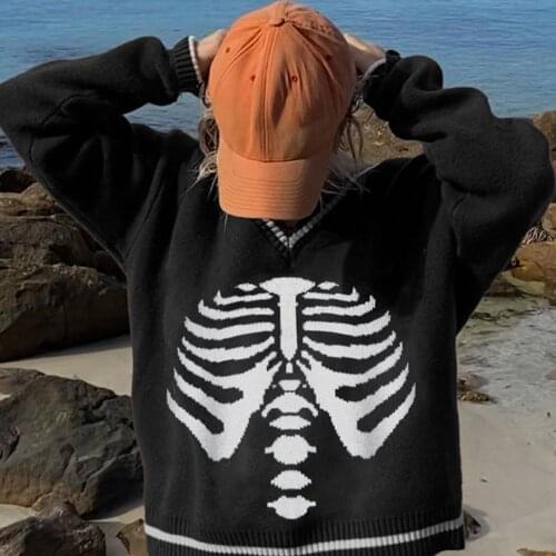 Oversized Knitted Sweater Gothic Skeleton Y2K Women Casual V Neck Autumn Jumper Ladies Print Harajuku Pullover Knitwear 2021