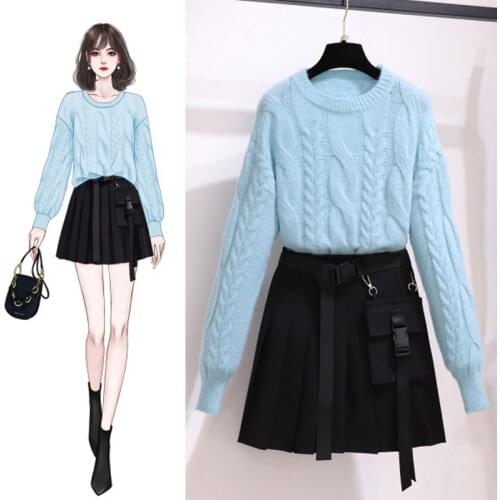 Casual Solid Sweater Suits for Women Ensemble Femme Fall New Knit Pullover Jumper Tops +Pleated Mini Skirts Two Piece Set Women