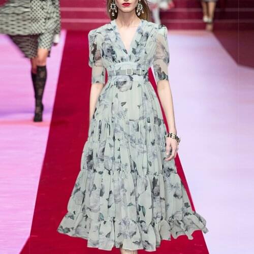 2021 Summer Chiffon Dress Women Flowers Print with Belt Puff Sleeve Ruffles Patchwork High Waist A-Line Slim Midi Dresses