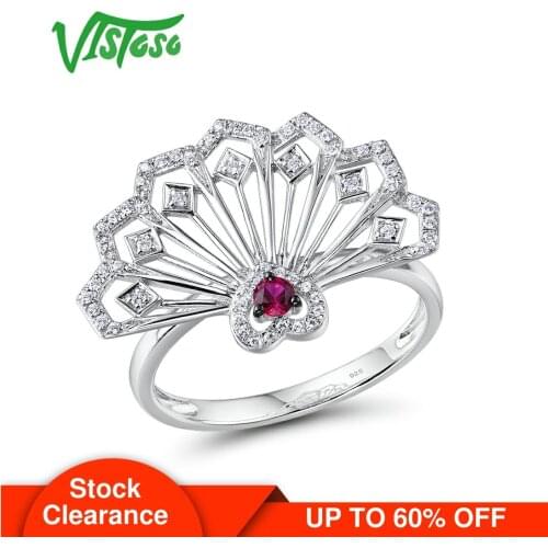 VISTOSO Gold Rings For Women Genuine 14K 585 White Gold Ring Fancy Ruby Sparkling Diamond Engagement Anniversary Fine Jewelry