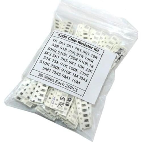 36Value * 20pcs =720pcs 1206 SMD Resistor Kit 1/4W 0.25W 5% 1 ohm~10 Mohm component diy kit new and original