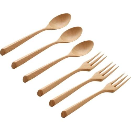 4 6pcs 7.5in Beach Wood Long Fork Soup Japanese Dessert Salad Dinner Scoop Forks Wooden Cutlery Kids Dinnerware Set 19x3.7cm