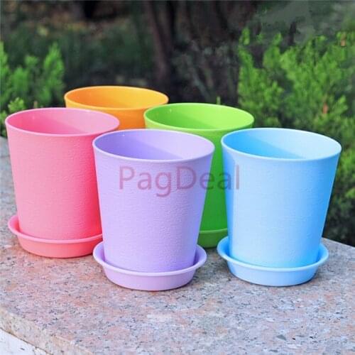 5pcs Lot Colorful Plastic Flower Planter Pots with Tray Indoor Potted Home Office Garden Decor Planter Lazy Pot free ship