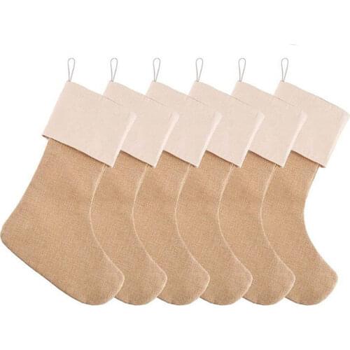 6pcs/set Large Burlap Christmas Stockings Jute Xmas Stocking Plain Fireplace Decor Decoration