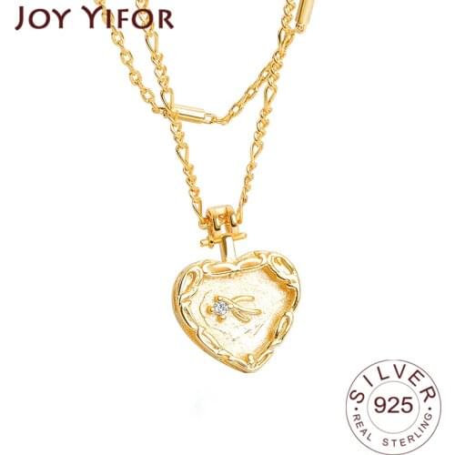 925 Sterling Silver Womens Fashion New Jewelry Double Layers Heart Gold Retro Simple Pendant Necklace 48CM Long