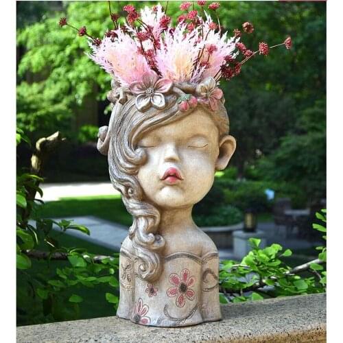 American Girl Doll Head Cement Flower Pot Ornaments Courtyard Villa Park Accessories Crafts Outdoor Garden Figurines Decoration