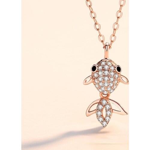 2447 S925 Sterling Silver Full Diamond Goldfish Necklace Rose Gold Creative Clavicle Chain Niche Light Luxury Fashion Pendant