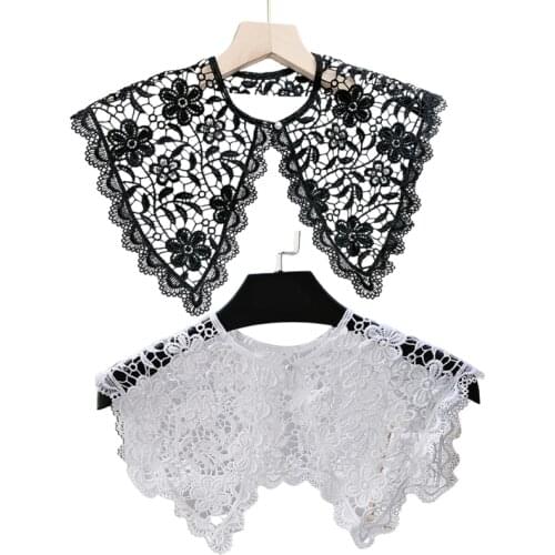 Floral Lace Fake Collar Shawl Hollow Black White Scarf Pearl Button Mini Cape