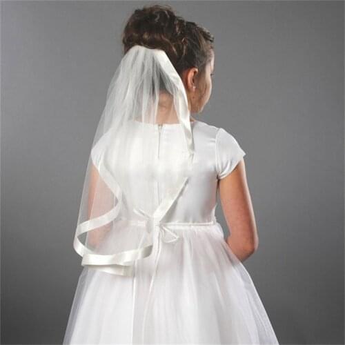 White Ivory Wedding Flower Girls First communion Veils with comb Children Kids Tulle Veil Satin Edge Voiles Fille velos de Novia