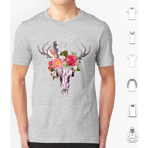 Boho Skull With Feathers And Flowers T Shirt Cotton Men DIY Print Boho Bohemian Desert Skull Feather Flower Floral Crown Rose