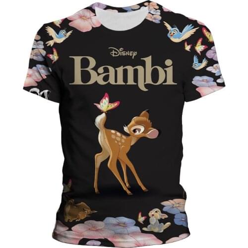 Disney T-Shirt Bambi 3D Print Deer Fashion Women T-Shirt Summer Cartoon O-Neck Short Sleeve T-Shirt Kids Casual Tee Tops