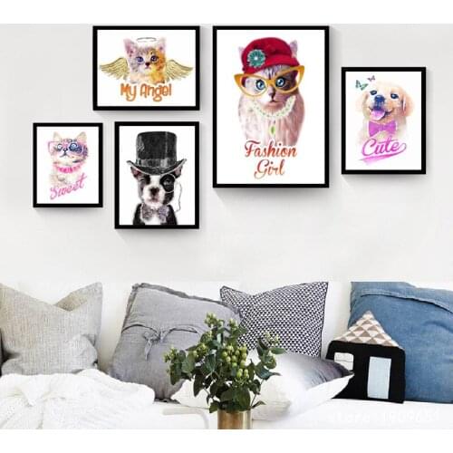 Cotton no frame modern cartoon animal cute cat dog canvas printings oil painting printed on cotton wall art decoration picture