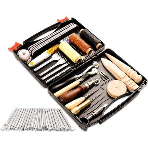 50 Pieces Leather Working Tools And Supplies With Leather Tool Box For Stitching Punching Cutting Sewing Leather Craft Making