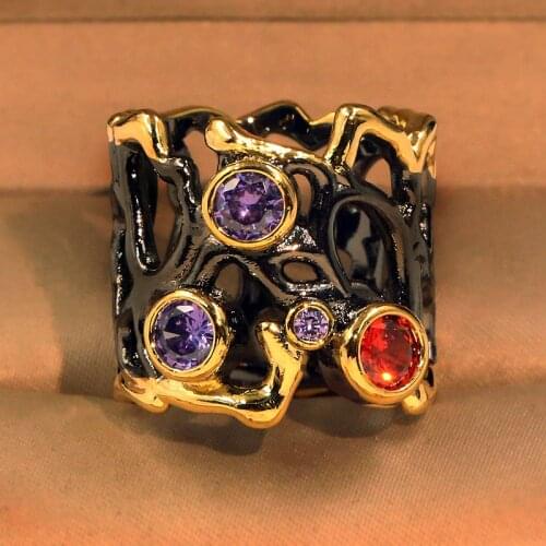 Exquisite High Quality Black Gold-plated Colored Gemstone Hollow Colorful Ring Womens Wedding Reception Engagement Ring