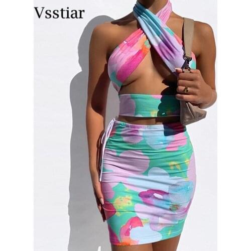 Vsstiar Tie Dye Two Pieces Set Backless Women Halter Sexy Party Outfits New Summer High Waist Printed Dress Clubwear
