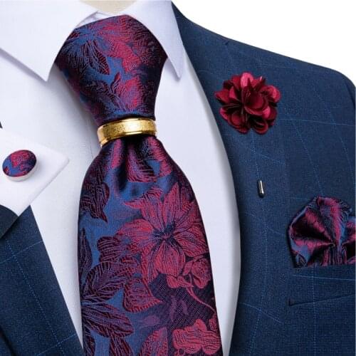 Red Floral Blue Ties 8cm Wide Luxur Gold Black Neck Ties Business Wedding Accessories Corbatas Tie Ring And Brooch Pin Mens Gift
