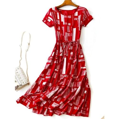 Summer Cotton Printed Women Red Dresses 2021 O-Neck Slim Bandage A-Line Elegant Office Lady Pulls Clothing