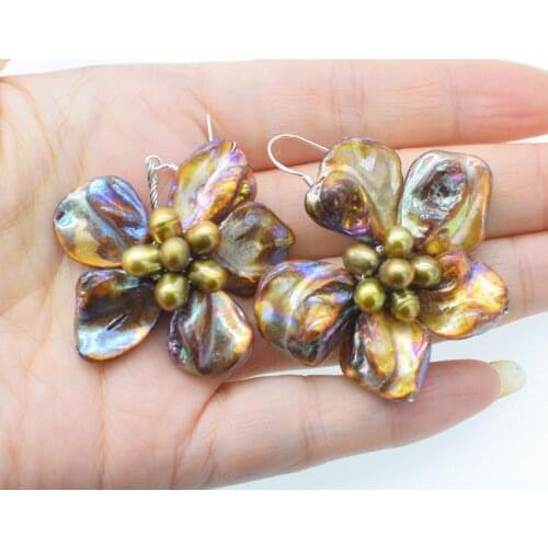 One pair freshwater pearl and shell flower brown earrings 40-50mm wholesale beads nature FPPJ