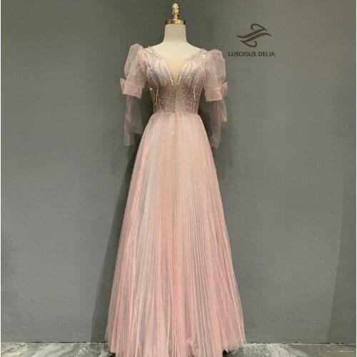 High Split Tulle O-Neck Dresses 2021 Formal Party Gown String beads A-line evening Dress Luscious Delia