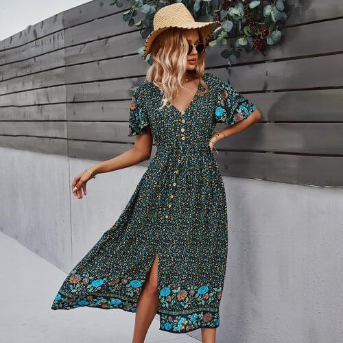 Summer Women Dress Floral Print V Neck Button Elastic Waist Split Midi Dress Elegant Casual Beach Holiday Fashion Vestidos Mujer