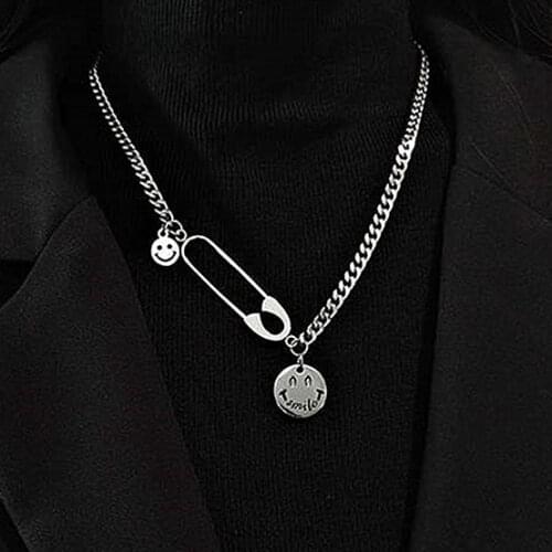 Origin Summer Punk Asymmetry Pin Smile Stainless Steel Necklaces for Women Silver Color Chain Sweater Pendant Choker Necklace