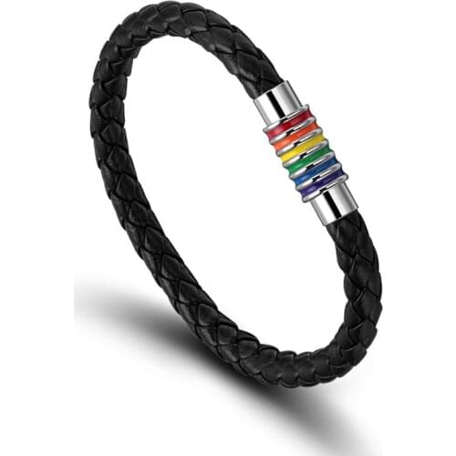 2021 Fashion Titanium Steel PU Leather European And American Style Jewelry Rainbow Braided Bracelet Suitable For Couples