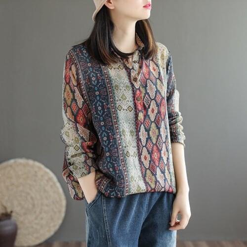 New Style Ethnic Vintage Printed Cotton Linen Shirt Thin Loose Tops Casual Long Sleeved Geometric Spring Blouses Female Clothes