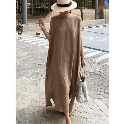 SHENGPLLAE Minimalist Vest Dress Womens Summer 2021 New Round Neck Large Size Solid Color Sleeveless Mid-calf Dresses 5C251