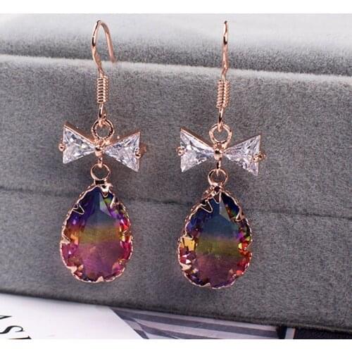 Blue Purple Teardrop Earrings W/rhinestone Studded Bow Bowknot Zircon Earrings Minimalist, Edgy Jewelry Crystal Bow Knot KI39F3C