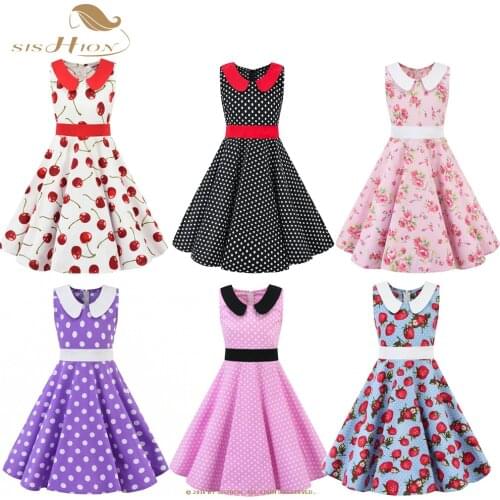 SISHION Vintage Dress for Children Kids VD1151 Swing Cotton Retro Cherry Floral Print Polka Dot Dress for Girl