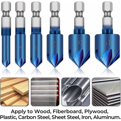 6pcs Countersink Drill Bit 1/4 Inch Shank HSS 5 Flute Countersink Blue Coated 90 Degree Center Punch Wood Countersink Drill