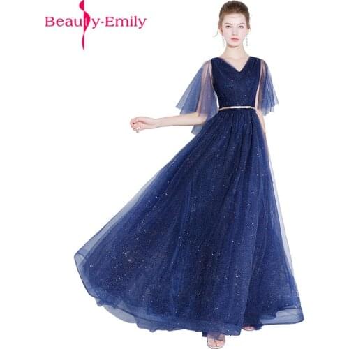 Beauty Emily Elegant Sequined Long Evening Dresses 2019 Sexy V Neck Sleeveless Evening Gown with Belt Robe De Soiree
