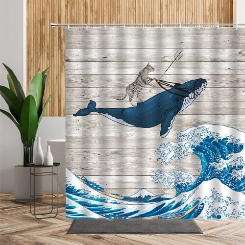 Cute Whale Cat Shower Curtains For Bathroom Decor Japan Sea Waves Mount Fuji Wood Stripe Backdrop Bath Curtain Set Hanging Cloth