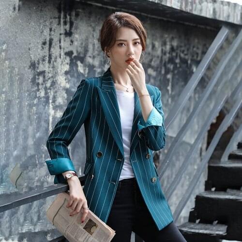 Short Striped Blazers Women Jacket Autumn Lapel White Business Dark Green Double-breasted Stitching Women Blazer 2020 New A1001