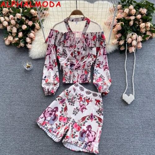 ALPHALMODA 2021 Long-sleeved Transparent Gauze Patchwork Off-shoulder Sexy Shirt + High Waist Shorts Women 2pcs Suit