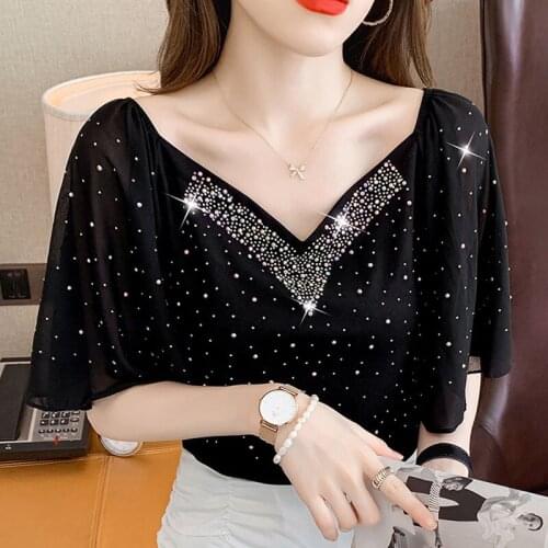 2021 Summer New V-neck Women Top Ladies Butterfly Sleeve Black Korean Fashion Clothing Blusas Female White Casual Diamonds 0638