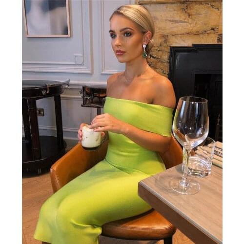 Wholesale Vestido Bandage Midi Dress Fluorescent Green Off Shoulder Women Sexy Bodycon Stretch Rayon Night Club Bandage Dresses