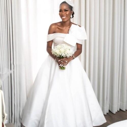 White Wedding Dresses 2021 Off Shoulder Ankle Length A-Line Satin Bridal Gowns Vestidos De Novia Plus Size Robes De Mariee