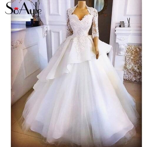 SoAyle Ball Gown French Muslim Wedding Dresses Sweetheart Half Sleeves Beading Bridal Gowns Elegant Long White Dresses