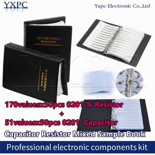 170valuesx50pcs=8500pcs 0201 SMD Resistor 0R~10M 1% + 51valuesX50pcs=2550pcs 0.5PF 0.5PF~22uF Capacitor Mixed Sample Book